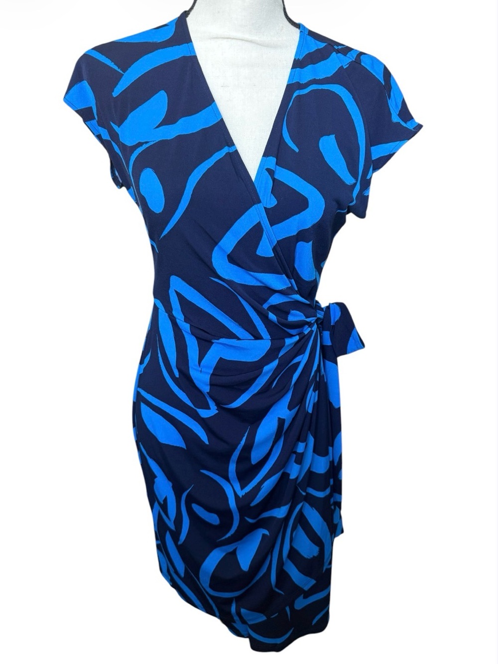 Maggy London Blue and Teal Abstract V-Neck Dress